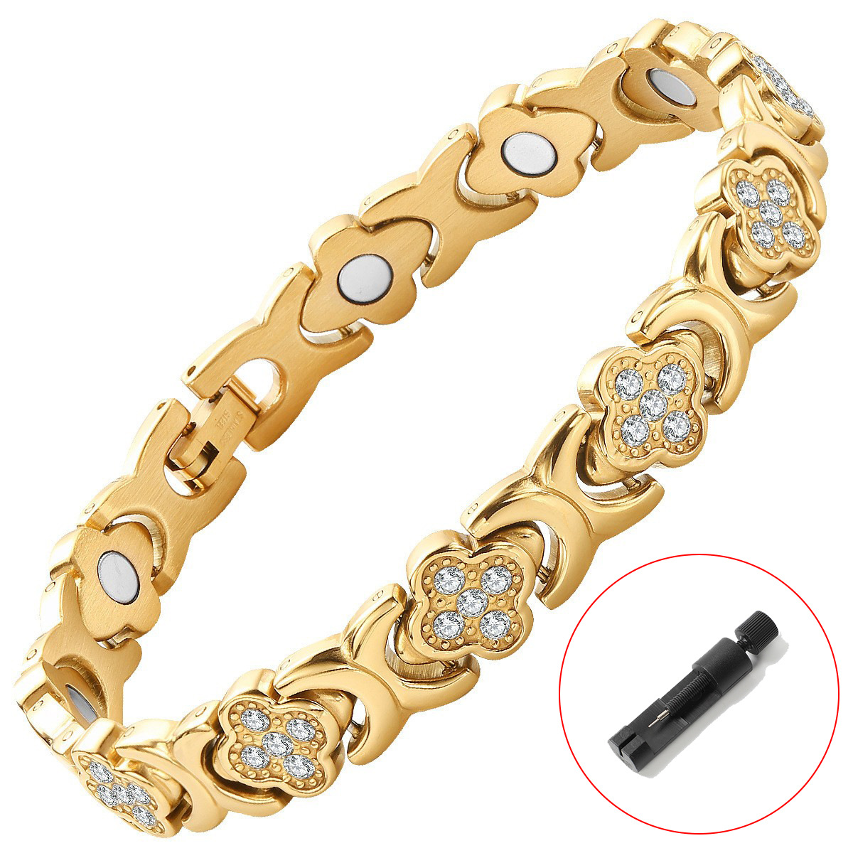 Antique bronze brushed finish New Fashion Lightweight Luxury Four-Leaf Clover Diamond Inlaid Bracelet - Alloy Magnetic Watch Band Style Bracelet for Women + Free Disassembly Tool - Image 4