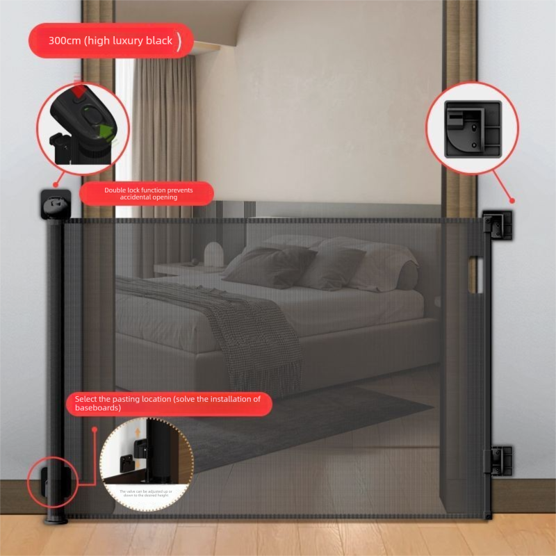 Black Retractable Baby Safety Gate and Pet Barrier Extra Wide 300cm for Stairs and Doorways No Drill Mesh In-Home Protection Solution for Local Families - Image 1
