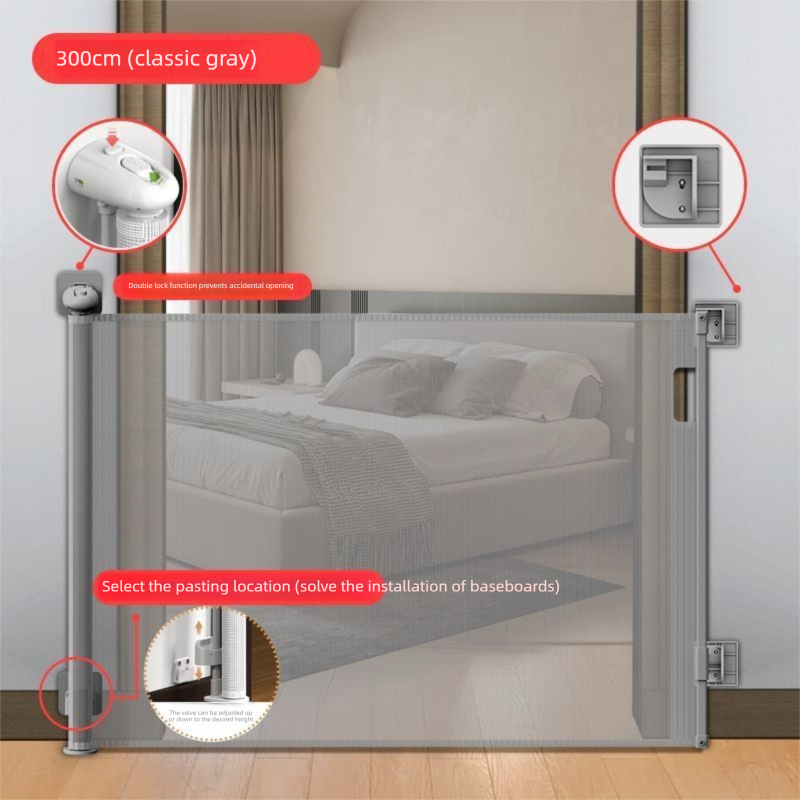 Grey Retractable Baby Safety Gate and Pet Barrier Extra Wide 300cm for Stairs and Doorways No Drill Mesh In-Home Protection Solution for Local Families - Image 1