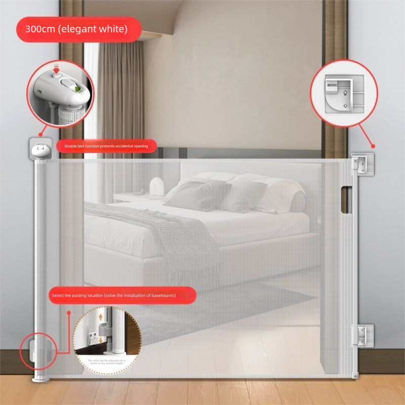 White Retractable Baby Safety Gate and Pet Barrier Extra Wide 300cm for Stairs and Doorways No Drill Mesh In-Home Protection Solution for Local Families - Image 1