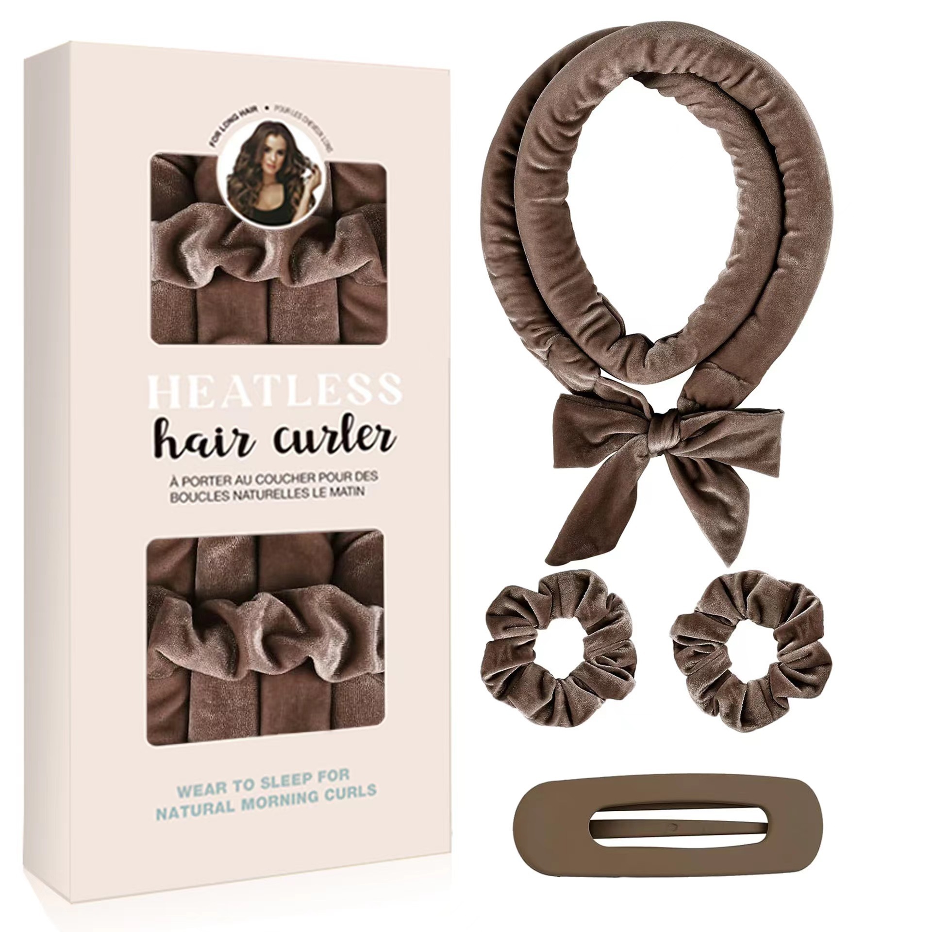 Coffee brown Heatless Hair Curler Set with Bowtie Ribbon for Natural Big Waves Damage-Free Overnight Hair Styling Essential for Your Local Modern Lifestyle - Image 1