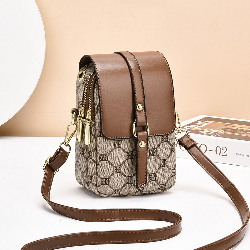 Brown rhombus Women's Mini Crossbody Phone Bag Compact PU Leather with Multiple Pockets and Headphone Port for Daily Travel Stylish Hands-Free Storage for Local Fashion - Image 1