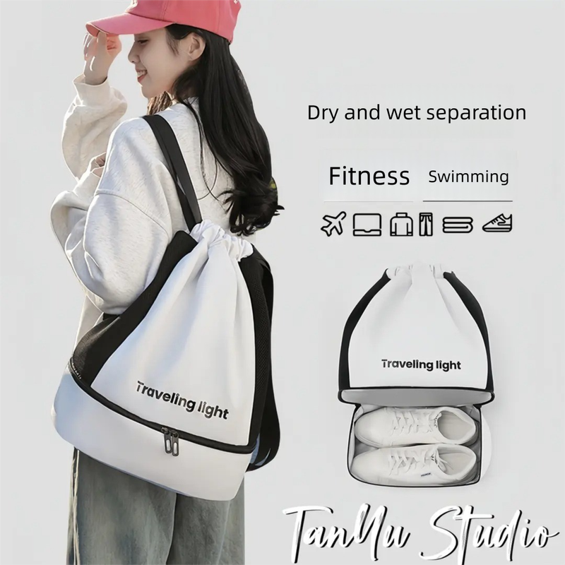 Grey Waterproof Drawstring Swimming Backpack with Wet Dry Separation and Shoe Compartment for Gym and Yoga Organized Gear Bag for Local Active Lifestyles - Image 3