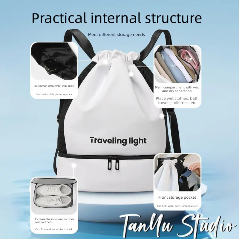 Grey Waterproof Drawstring Swimming Backpack with Wet Dry Separation and Shoe Compartment for Gym and Yoga Organized Gear Bag for Local Active Lifestyles - Image 4