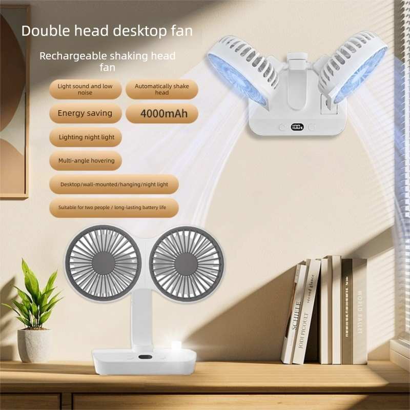 Dual-head Desktop Fan 4000mAh Rechargeable with 4 Speeds LED Display and Night Light Portable Silent Cooling Solution for Home Office and Local Travel - Image 4