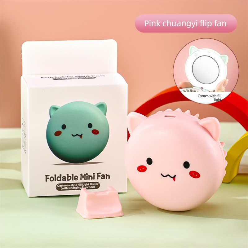 Pink 3-in-1 Mini Portable Fan with Makeup Mirror and LED Fill Light USB Rechargeable Pocket Sized Cooling Solution for Students and Local Professionals - Image 1