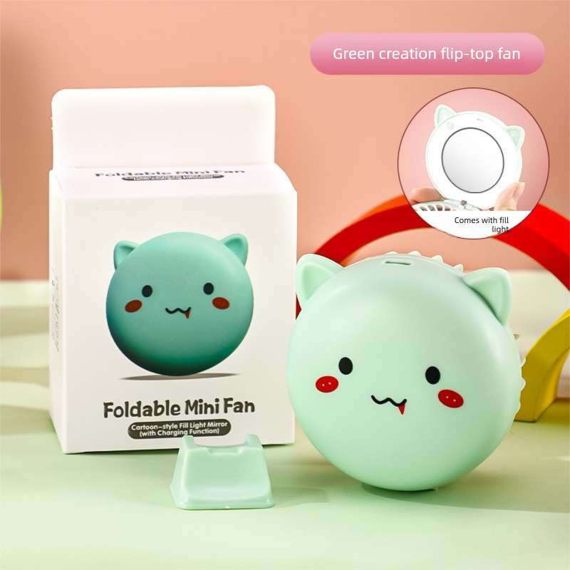 Green 3-in-1 Mini Portable Fan with Makeup Mirror and LED Fill Light USB Rechargeable Pocket Sized Cooling Solution for Students and Local Professionals - Image 1