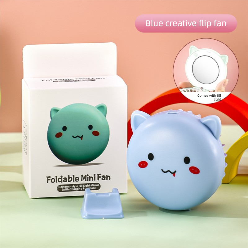 Blue 3-in-1 Mini Portable Fan with Makeup Mirror and LED Fill Light USB Rechargeable Pocket Sized Cooling Solution for Students and Local Professionals - Image 1