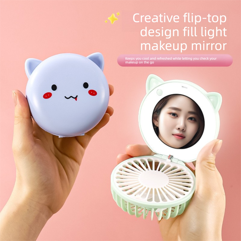 Blue 3-in-1 Mini Portable Fan with Makeup Mirror and LED Fill Light USB Rechargeable Pocket Sized Cooling Solution for Students and Local Professionals - Image 3
