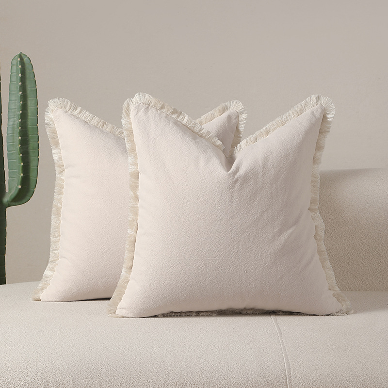 Beige 2 Pack Bohemian Tassel Pillowcases Soft Washed Cotton Cushion Covers for Living Room Sofa Elegant Decor Solution for Local Standard Home Environments - Image 1