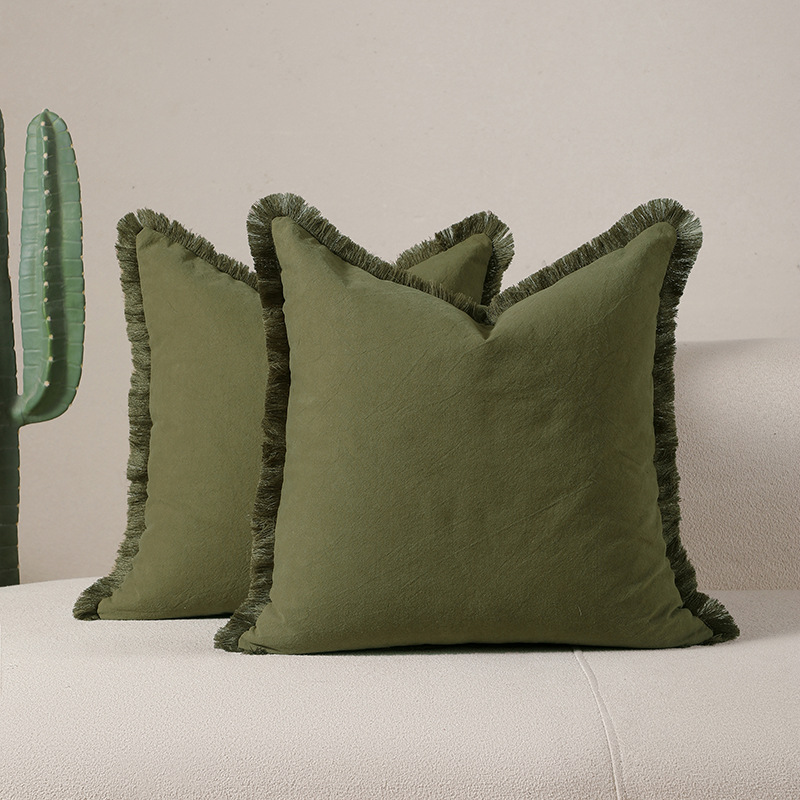 Lichen green 2 Pack Bohemian Tassel Pillowcases Soft Washed Cotton Cushion Covers for Living Room Sofa Elegant Decor Solution for Local Standard Home Environments - Image 1