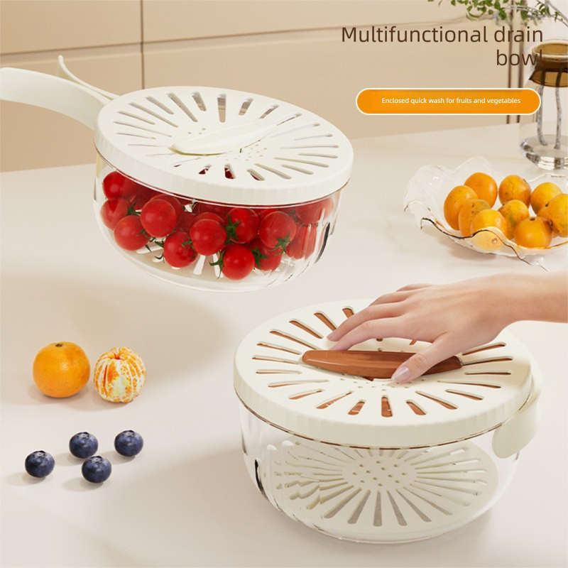 White Small Multi-functional Fruit and Vegetable Washing Bowl with Lid and Hidden Handle Double-Layer Drainage Container for Refrigerator Storage and Outdoor Picnic Efficient Food Preservation for Local Standard Kitchens - Image 2