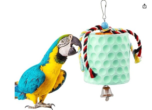 2-Pack Green Hanging Bird Chew Toy with Bell and Rope, Ideal for Parrots, Squirrels, and Rodents – Durable Wood-Based Grinding Stone for Beak Exercise and Enrichment - Image 1