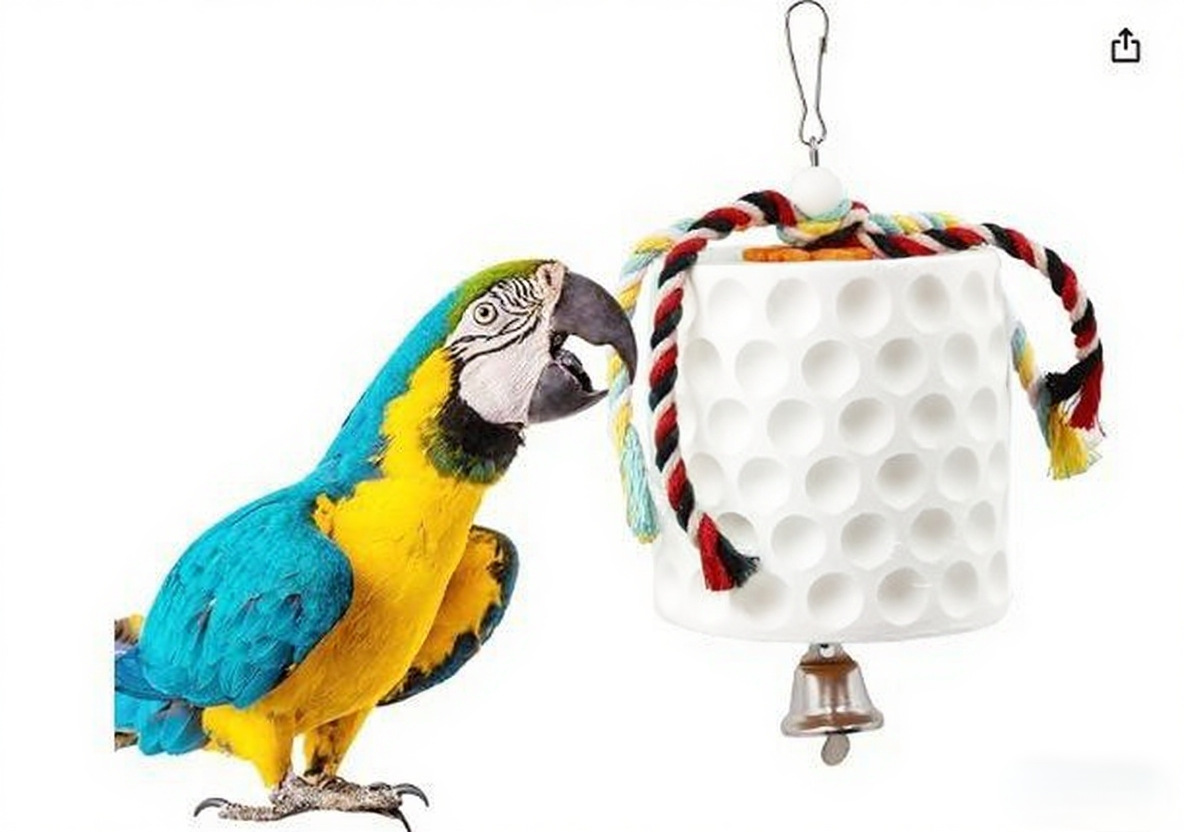 2-Pack White Hanging Bird Chew Toy with Bell and Rope, Ideal for Parrots, Squirrels, and Rodents – Durable Wood-Based Grinding Stone for Beak Exercise and Enrichment - Image 1