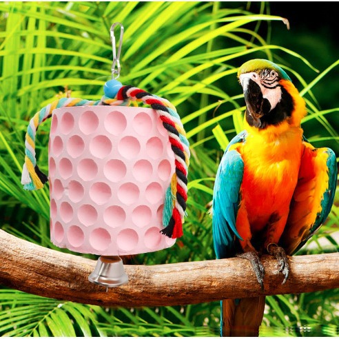 2-Pack White Hanging Bird Chew Toy with Bell and Rope, Ideal for Parrots, Squirrels, and Rodents – Durable Wood-Based Grinding Stone for Beak Exercise and Enrichment - Image 2