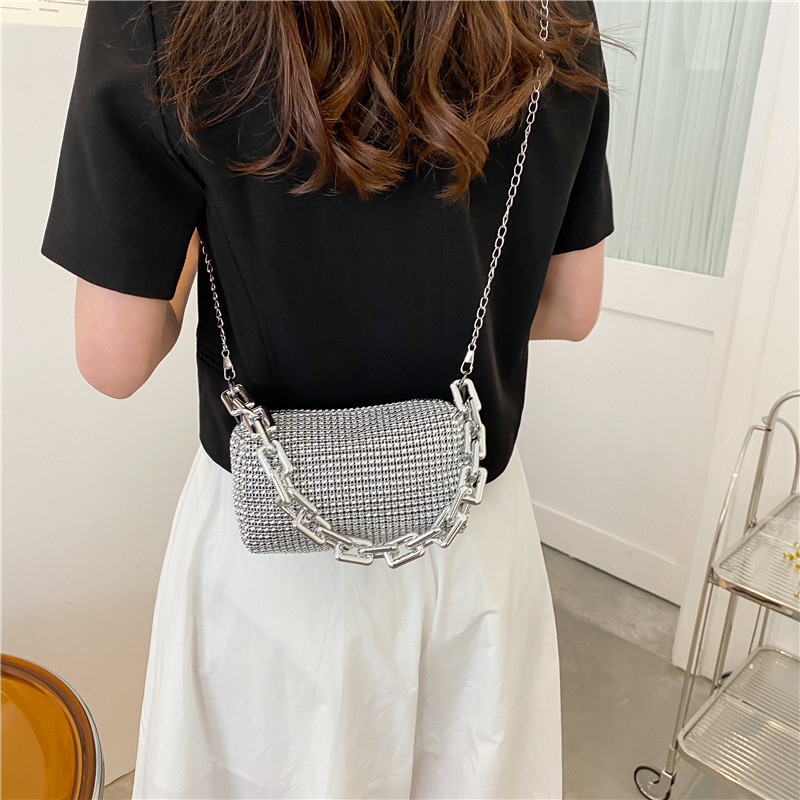 Black Mini Shoulder Bag for Women – Rhinestone-Embellished Pillow-Shaped Chain Bag with Fashionable Metal Hardware and Compact Design - Image 4