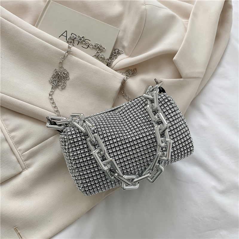 Silver Mini Shoulder Bag for Women – Rhinestone-Embellished Pillow-Shaped Chain Bag with Fashionable Metal Hardware and Compact Design - Image 1