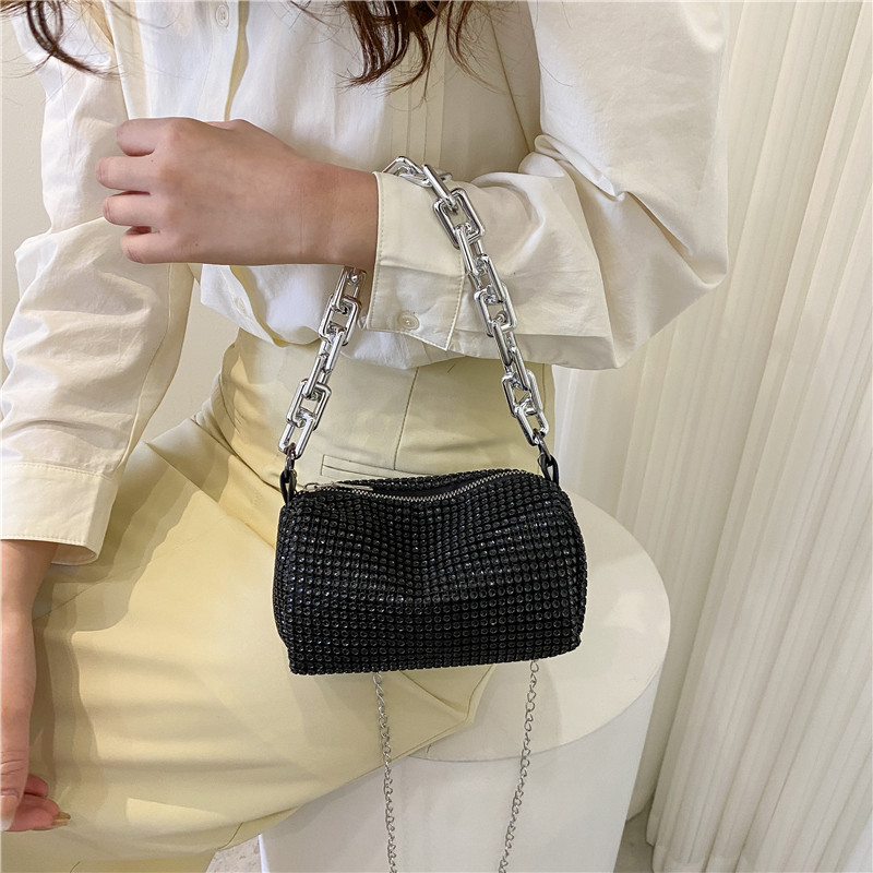 Silver Mini Shoulder Bag for Women – Rhinestone-Embellished Pillow-Shaped Chain Bag with Fashionable Metal Hardware and Compact Design - Image 3