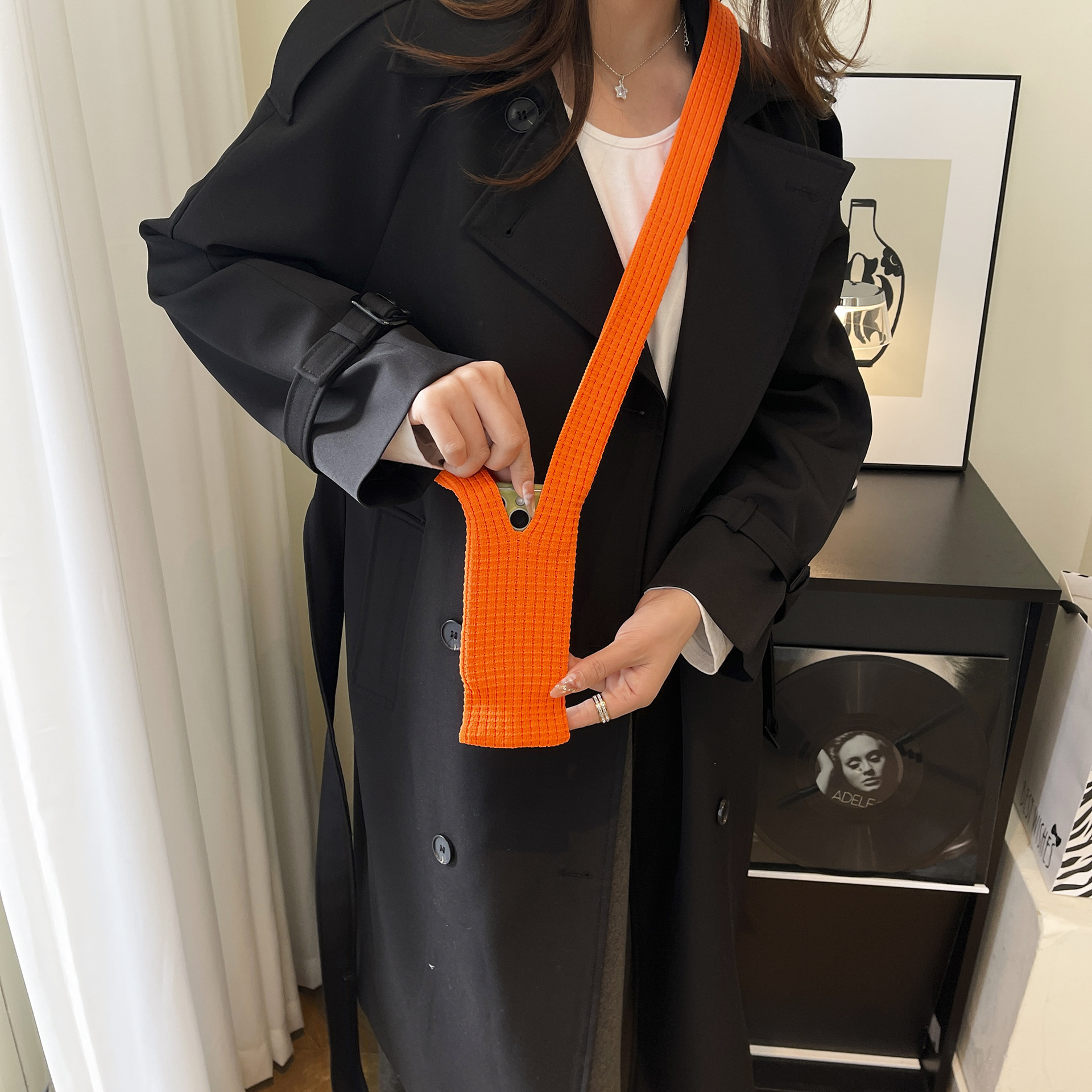 Orange High-Elastic Knit Long Phone Sling Bag – Adjustable Crossbody Streetwear Accessory for iPhone with Stretchy Ribbed Design - Image 3