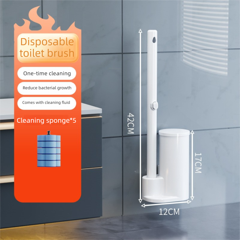 White Disposable Toilet Brush Set with Built-in Cleaner – Wall-Mountable, No-Drill Bathroom Cleaning Kit with Replaceable Heads(5 ocean-cleaning cotton pads) - Image 1