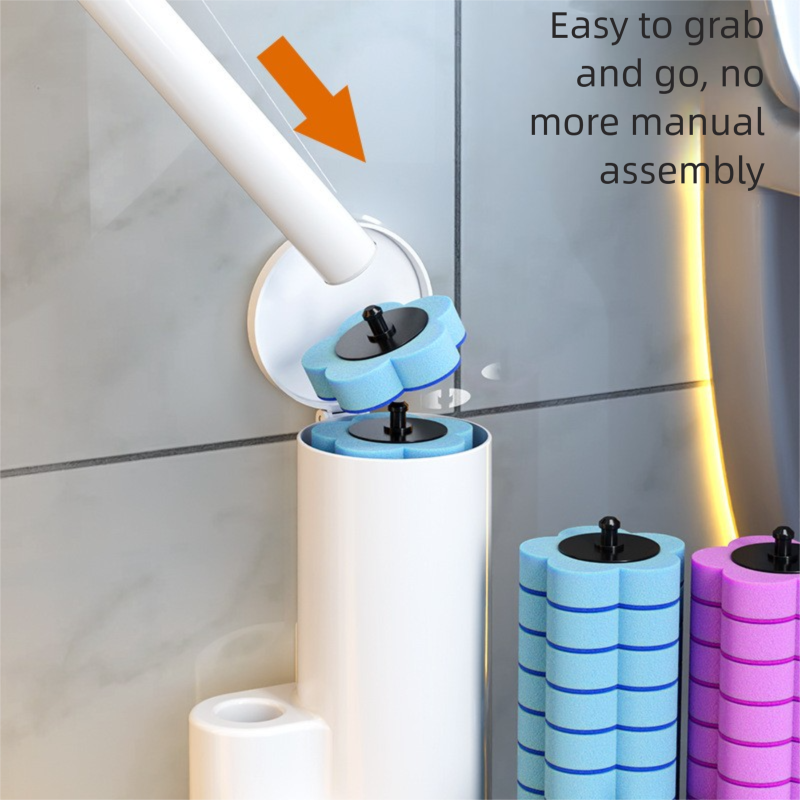 Grey Disposable Toilet Brush Set with Built-in Cleaner – Wall-Mountable, No-Drill Bathroom Cleaning Kit with Replaceable Heads(10 ocean-cleaning cotton pads) - Image 3