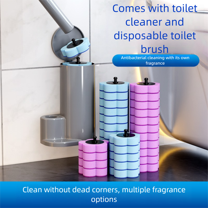 Grey Disposable Toilet Brush Set with Built-in Cleaner – Wall-Mountable, No-Drill Bathroom Cleaning Kit with Replaceable Heads(10 ocean-cleaning cotton pads) - Image 4