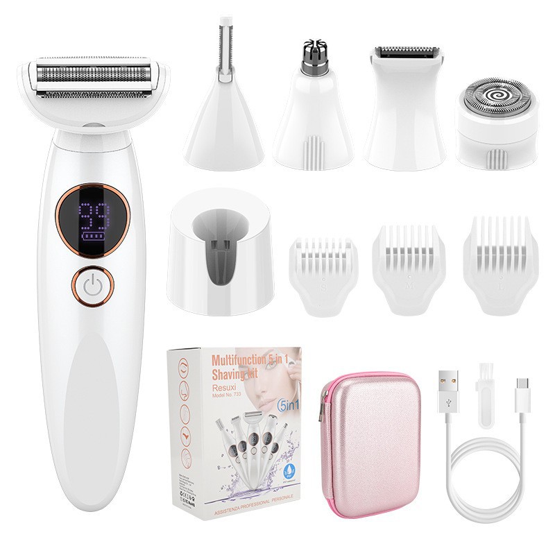 White 5-in-1 Women's Hair Removal Epilator – Multi-Function Body Grooming Kit with Waterproof Design, LED Display & USB Charging - Image 1
