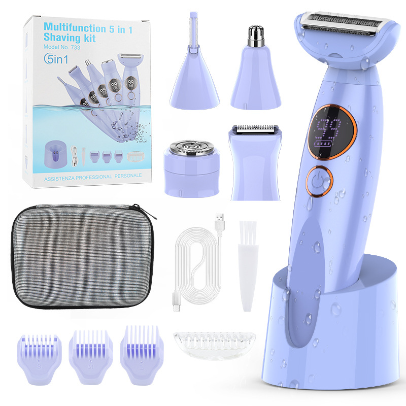 Purple 5-in-1 Women's Hair Removal Epilator – Multi-Function Body Grooming Kit with Waterproof Design, LED Display & USB Charging - Image 1