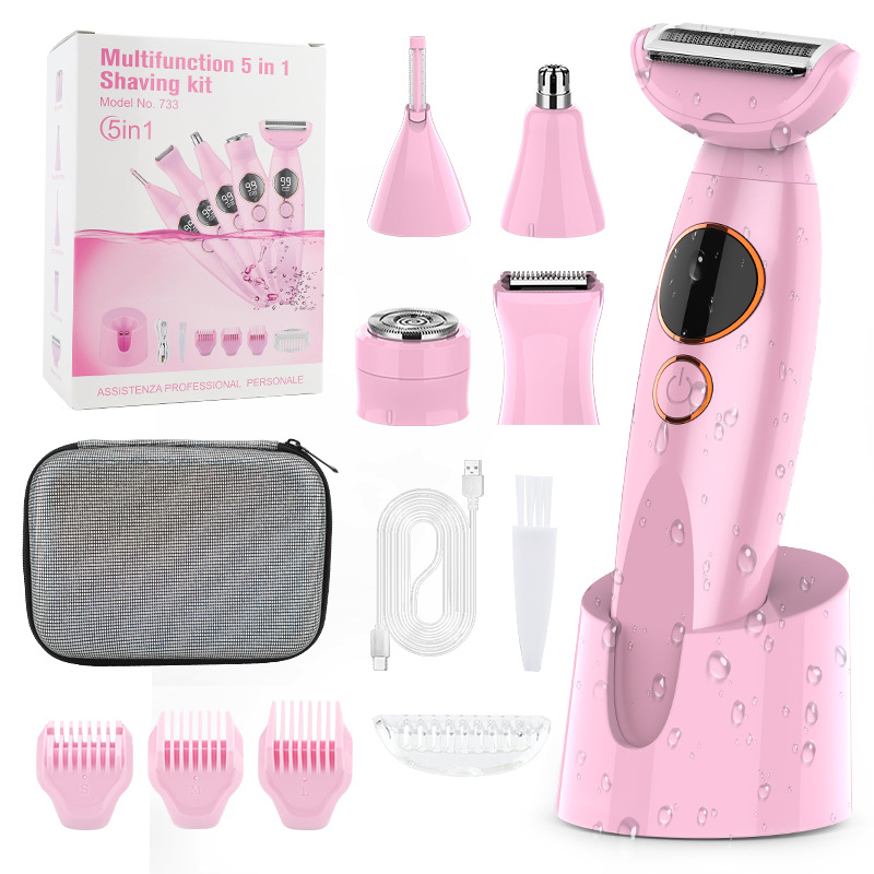 Pink 5-in-1 Women's Hair Removal Epilator – Multi-Function Body Grooming Kit with Waterproof Design, LED Display & USB Charging - Image 1