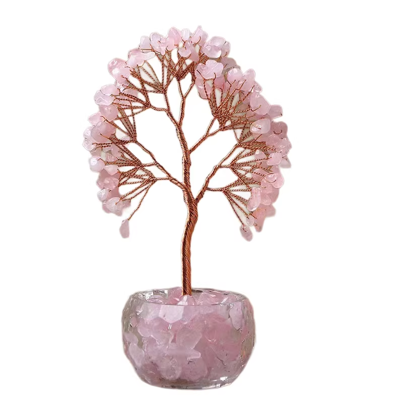 Pink Natural Crystal Tree Ornament – Handmade Miniature Decorative Tree with Glass Base for Home, Office & Gift - Image 1