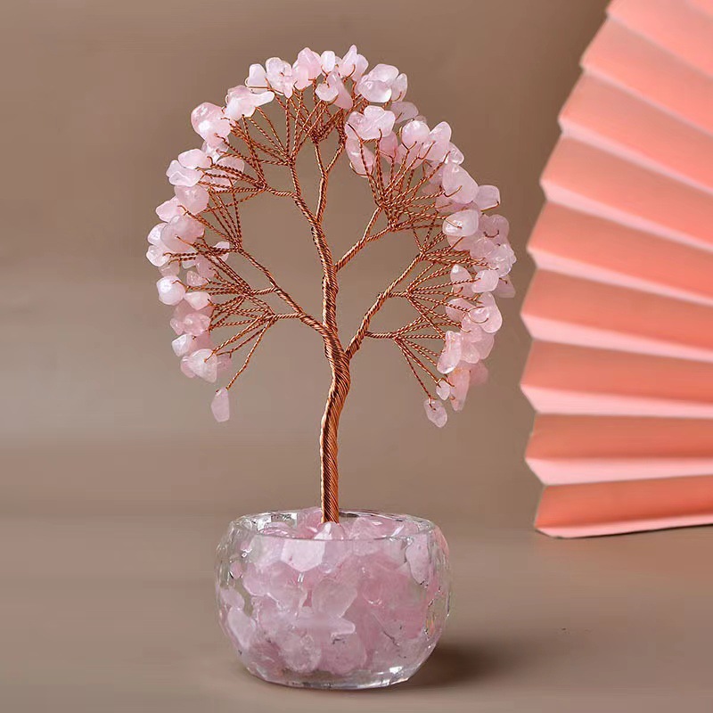Pink Natural Crystal Tree Ornament – Handmade Miniature Decorative Tree with Glass Base for Home, Office & Gift - Image 2