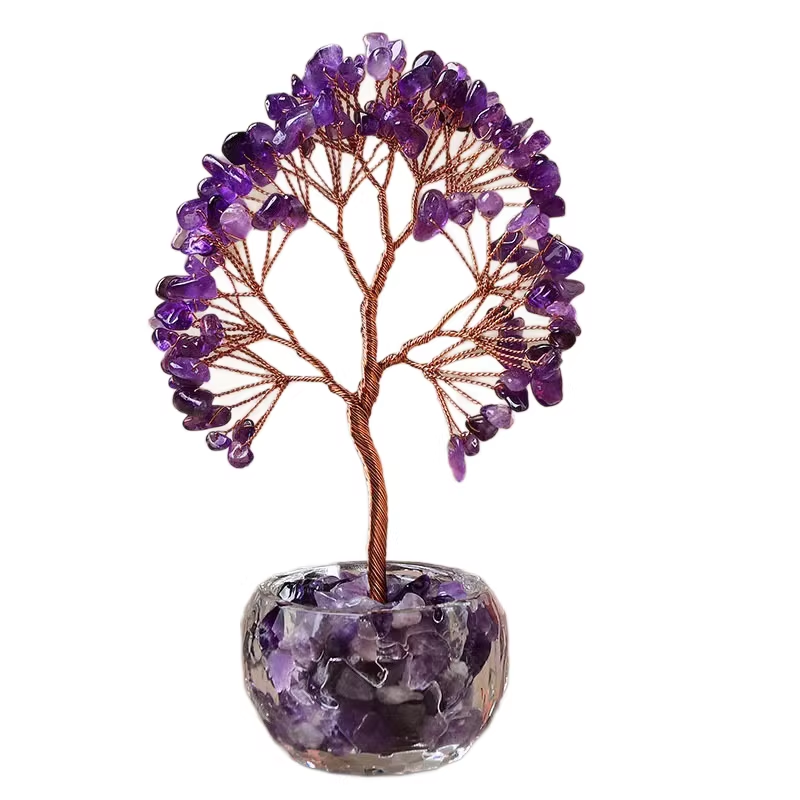 Purple Natural Crystal Tree Ornament – Handmade Miniature Decorative Tree with Glass Base for Home, Office & Gift - Image 1