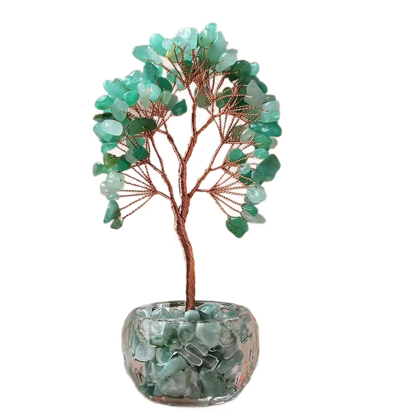 Green Natural Crystal Tree Ornament – Handmade Miniature Decorative Tree with Glass Base for Home, Office & Gift - Image 1