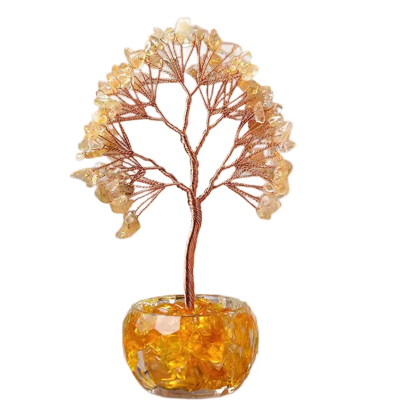 Yellow Natural Crystal Tree Ornament – Handmade Miniature Decorative Tree with Glass Base for Home, Office & Gift - Image 1