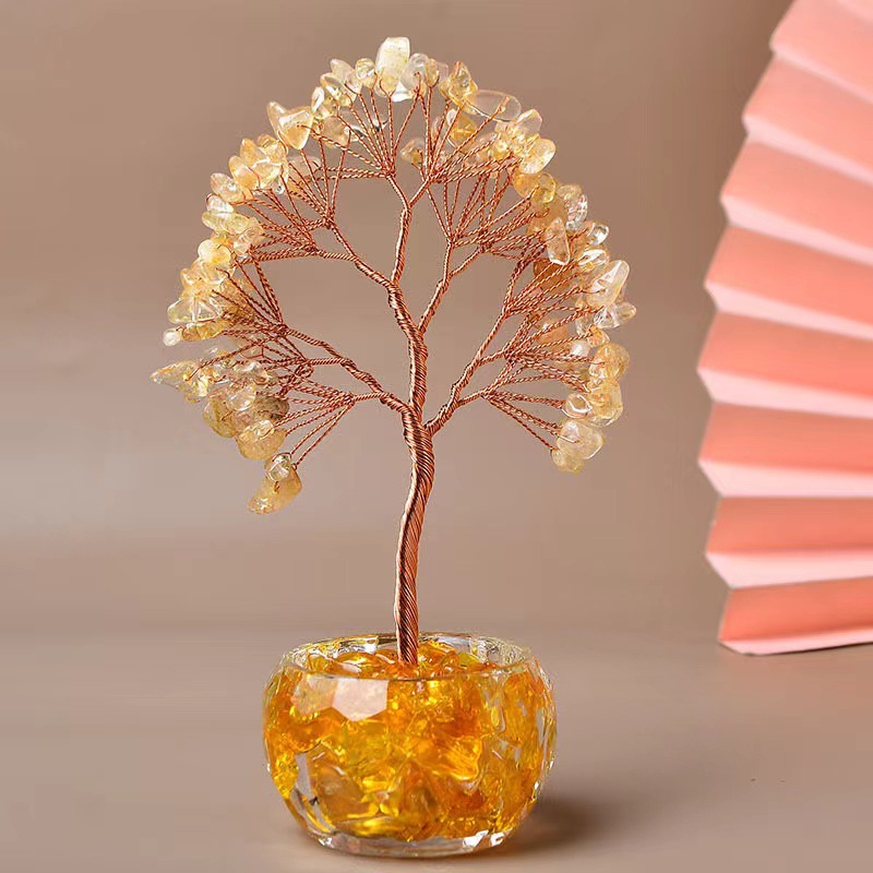 Yellow Natural Crystal Tree Ornament – Handmade Miniature Decorative Tree with Glass Base for Home, Office & Gift - Image 2