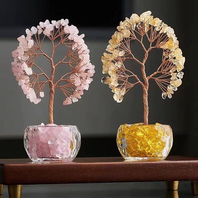 Yellow Natural Crystal Tree Ornament – Handmade Miniature Decorative Tree with Glass Base for Home, Office & Gift - Image 4