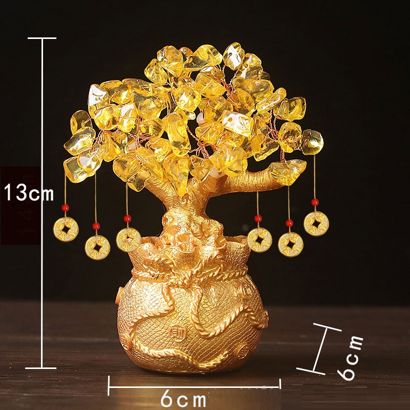 Yellow Handcrafted Crystal Tree Ornament – Resin Money Bag Base with Hanging Coin Charms for Home & Office Decor - Image 1