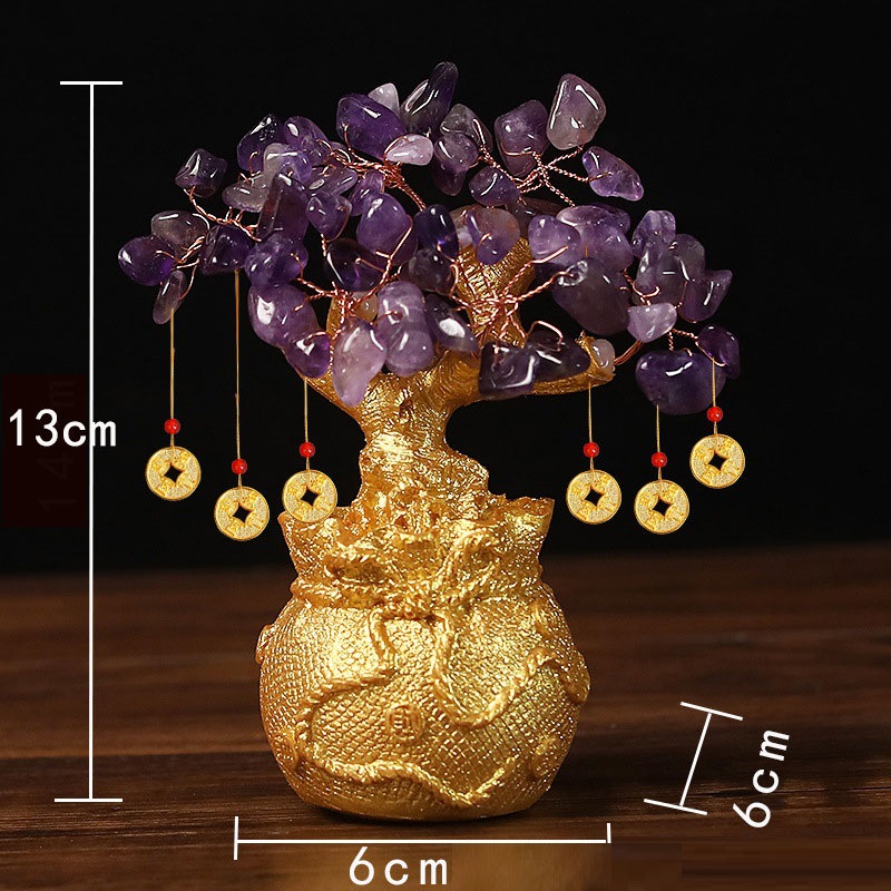 Purple Handcrafted Crystal Tree Ornament – Resin Money Bag Base with Hanging Coin Charms for Home & Office Decor - Image 1