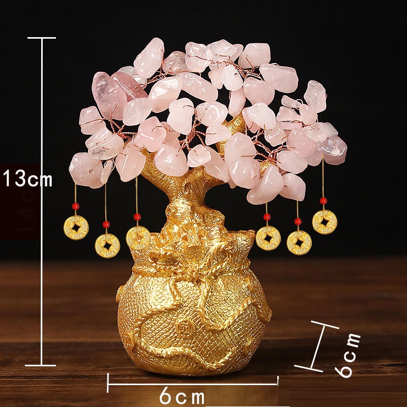 Pink Handcrafted Crystal Tree Ornament – Resin Money Bag Base with Hanging Coin Charms for Home & Office Decor - Image 1