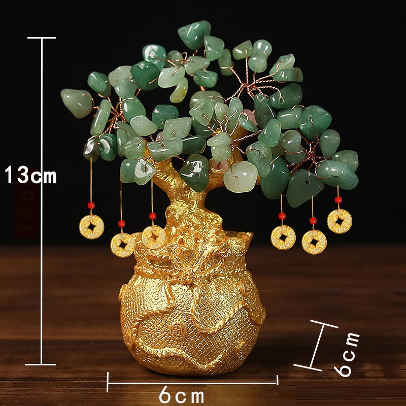 Green Handcrafted Crystal Tree Ornament – Resin Money Bag Base with Hanging Coin Charms for Home & Office Decor - Image 1