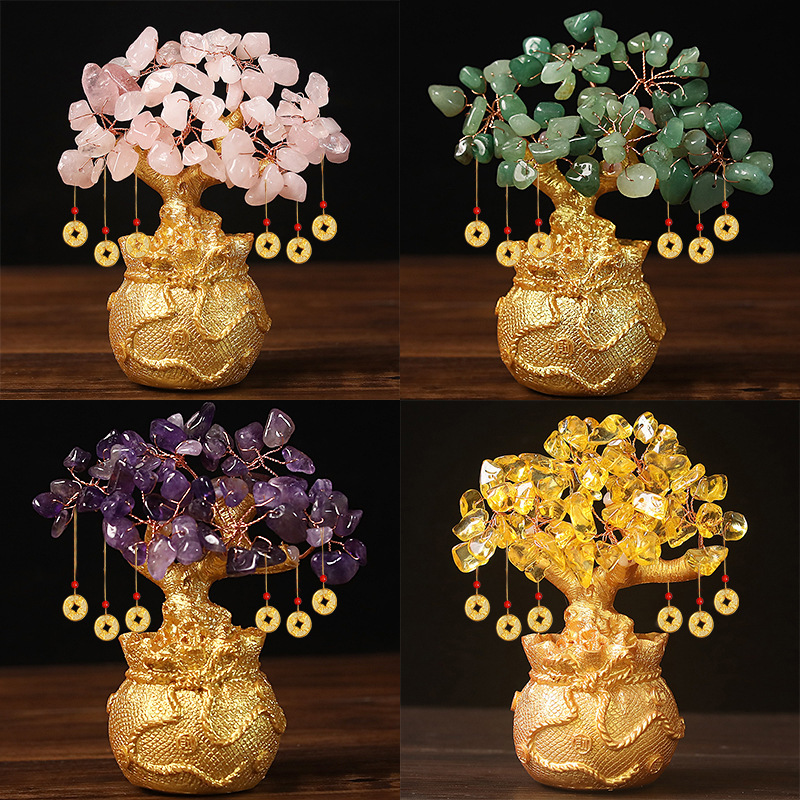 Green Handcrafted Crystal Tree Ornament – Resin Money Bag Base with Hanging Coin Charms for Home & Office Decor - Image 3