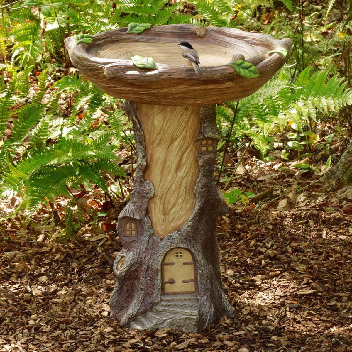 Whimsical Tree Stump Bird Bath – Resin Garden Decor with Fairy House Design for Outdoor & Patio - Image 1