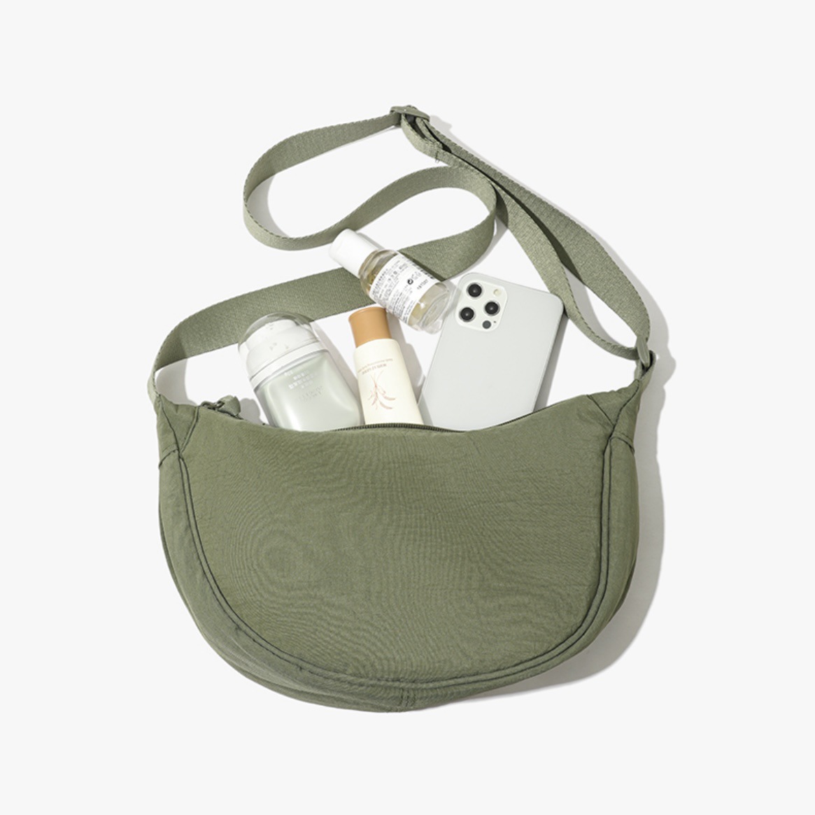 Olive green Lightweight Nylon Crossbody Bag – Compact Saddle Style with Adjustable Strap for Everyday Use - Image 1