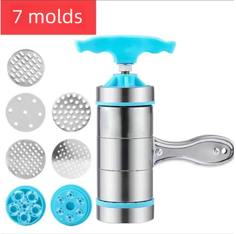 Blue Manual Stainless Steel Noodle Maker with Interchangeable Dies for Homemade Egg Noodles Flatbread and Dumpling Wrappers – Compact Kitchen Tool(Seven molds) - Image 1