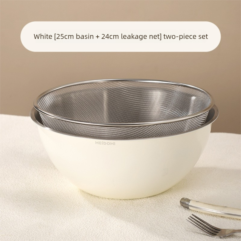 White Stainless Steel Mixing Bowl Set with Colander – Double-Layer Kitchen Basin for Salad, Washing, Mixing & Baking - Image 1