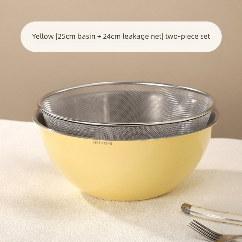 Yellow Stainless Steel Mixing Bowl Set with Colander – Double-Layer Kitchen Basin for Salad, Washing, Mixing & Baking - Image 1
