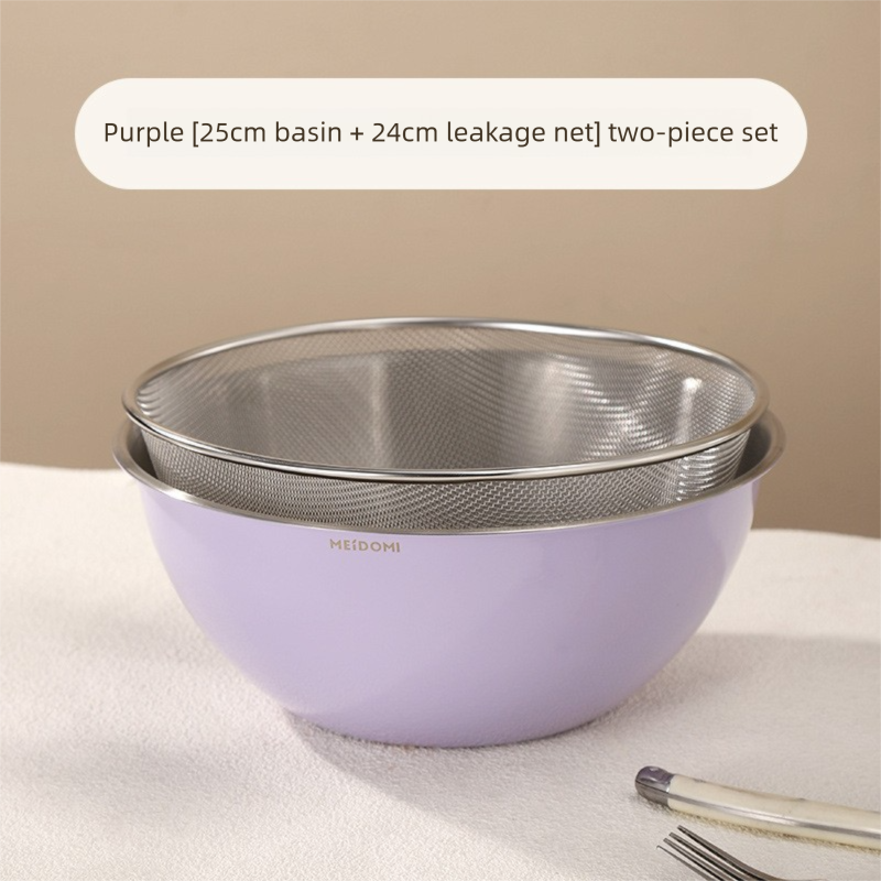 Purple Stainless Steel Mixing Bowl Set with Colander – Double-Layer Kitchen Basin for Salad, Washing, Mixing & Baking - Image 1