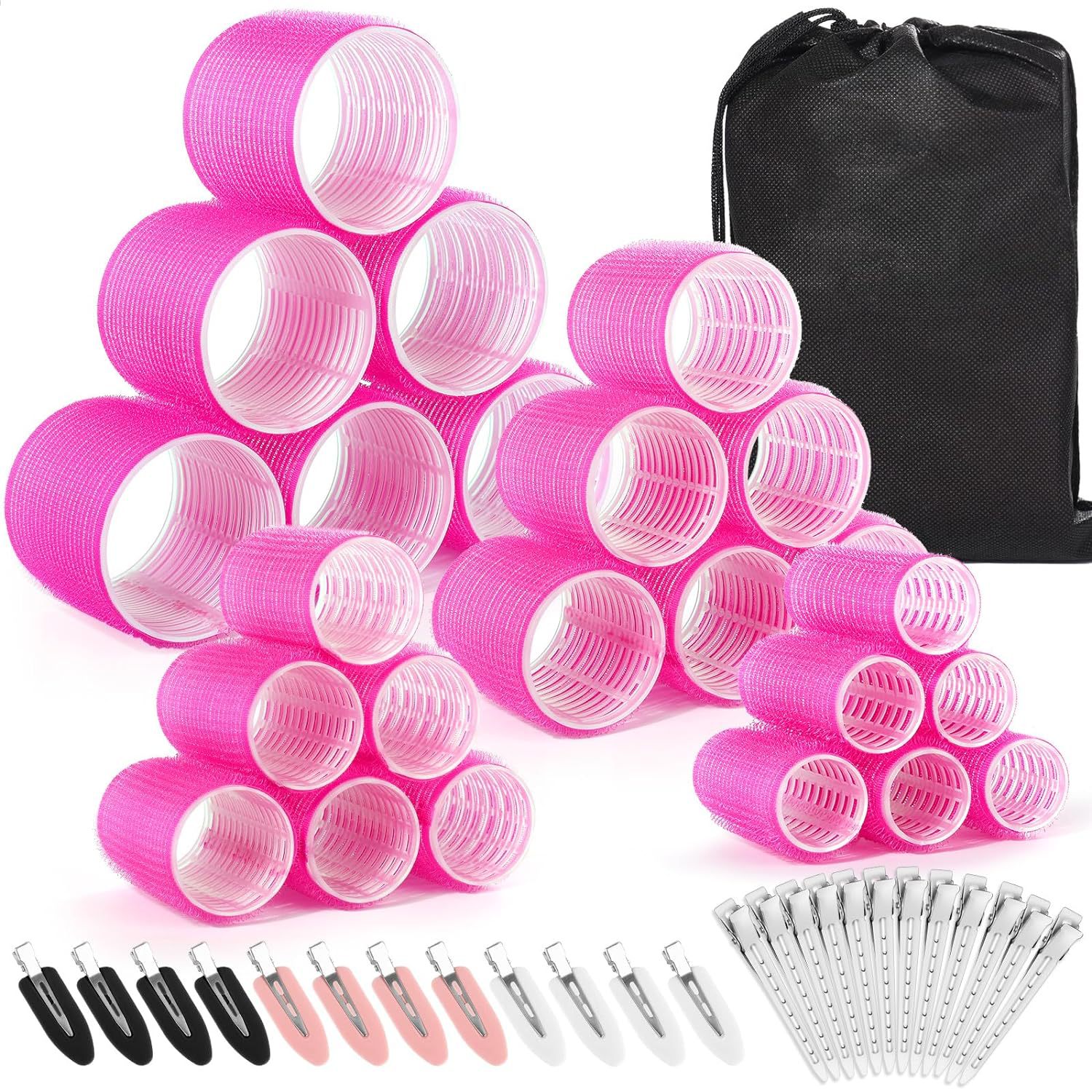 Rose red 49-Piece Pink Plastic Hair Rollers Set with Clips and Storage Bag for At-Home Styling – Multi-Size Curlers for Voluminous Curls, Waves and Bangs - Image 1