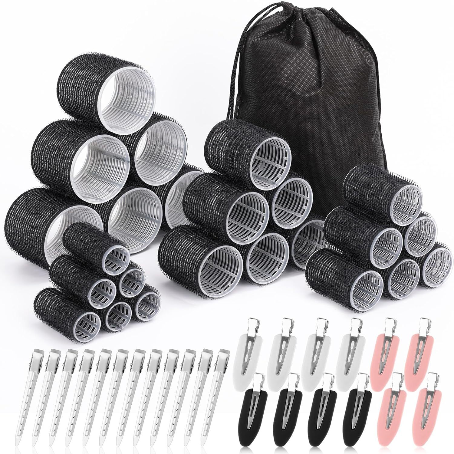 Black 49-Piece Pink Plastic Hair Rollers Set with Clips and Storage Bag for At-Home Styling – Multi-Size Curlers for Voluminous Curls, Waves and Bangs - Image 1