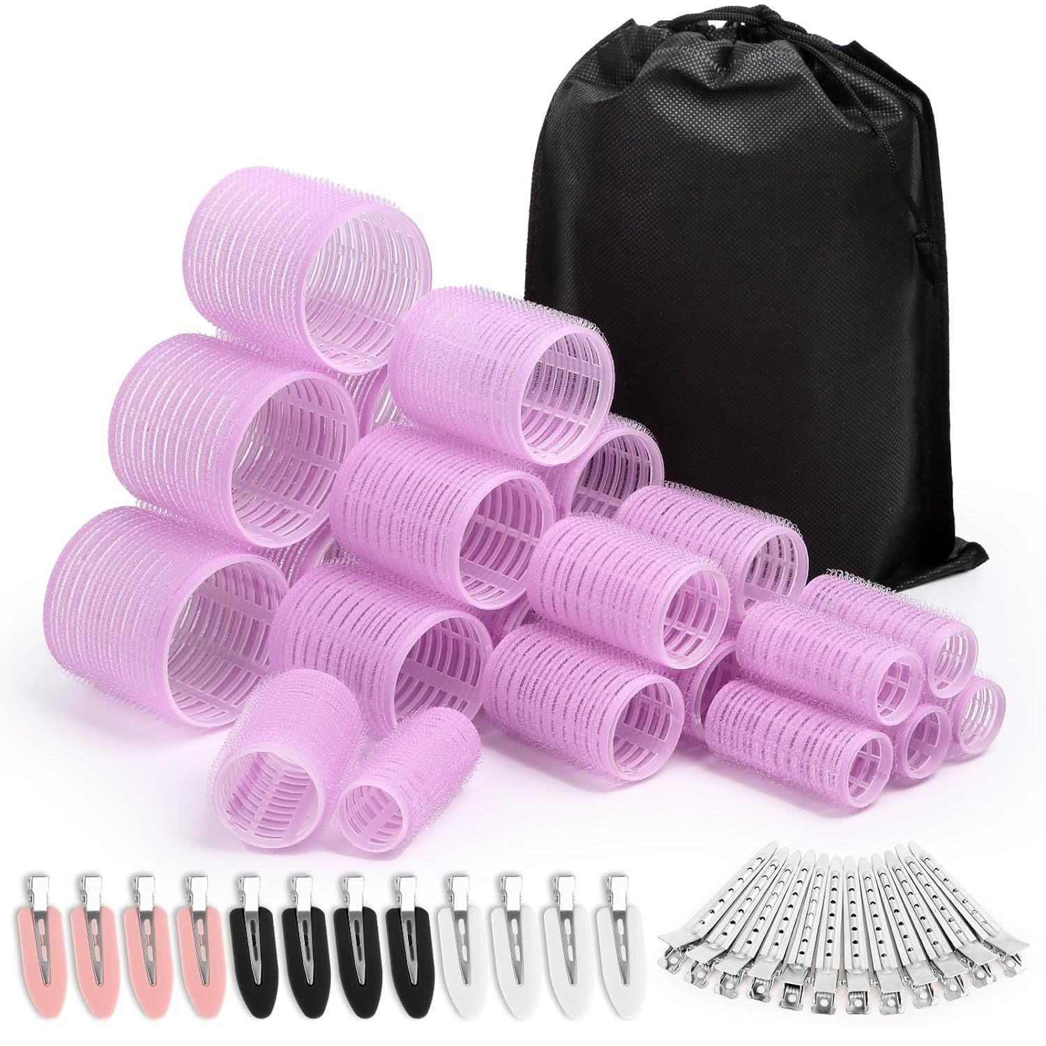 Light purple 49-Piece Pink Plastic Hair Rollers Set with Clips and Storage Bag for At-Home Styling – Multi-Size Curlers for Voluminous Curls, Waves and Bangs - Image 1